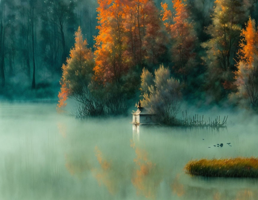 Mist-covered lake with autumn trees and person in boat