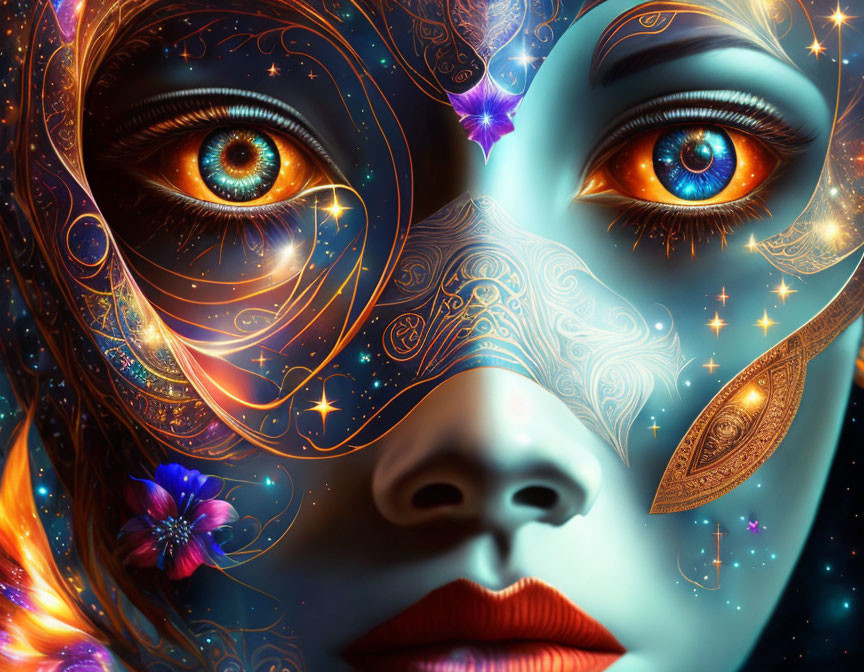 Cosmic and floral patterns on woman's face with blue eyes