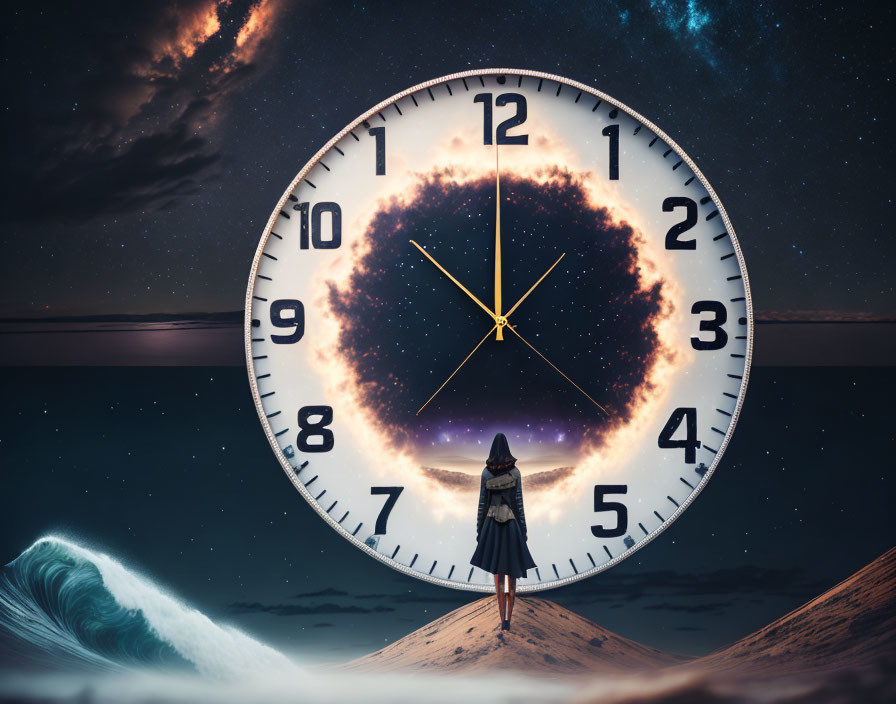 Person standing before massive clock in cosmic backdrop under starry sky