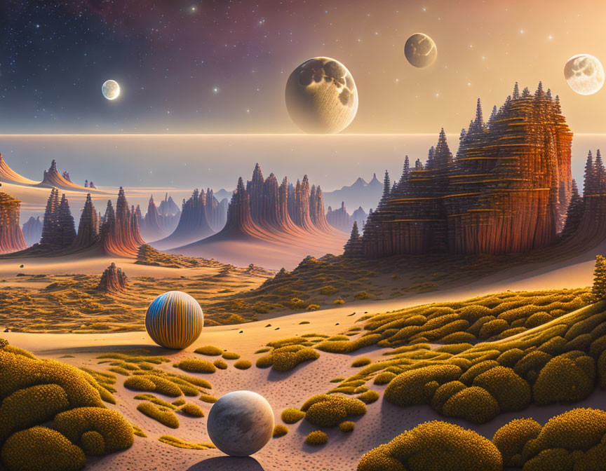 Surreal desert landscape with towering rock formations and multiple moons