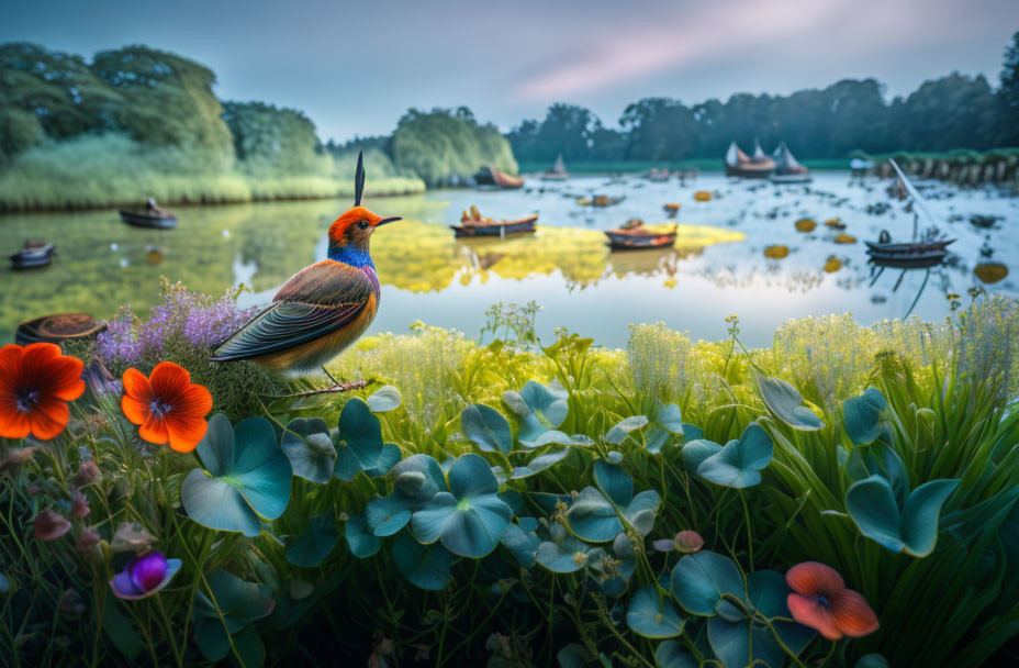 Colorful bird by serene lake with boats, lush vegetation, and sunrise sky