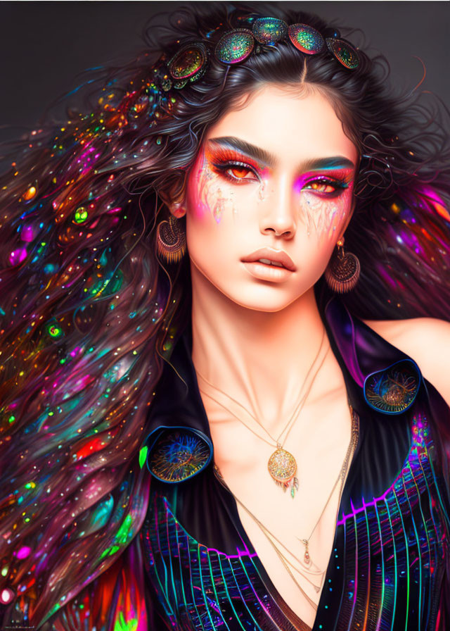 Vibrant digital artwork of woman with galaxy-themed makeup and multicolored hair