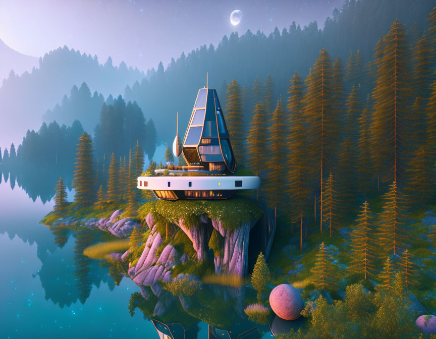 Futuristic house on rock in pine forest near tranquil lake at twilight