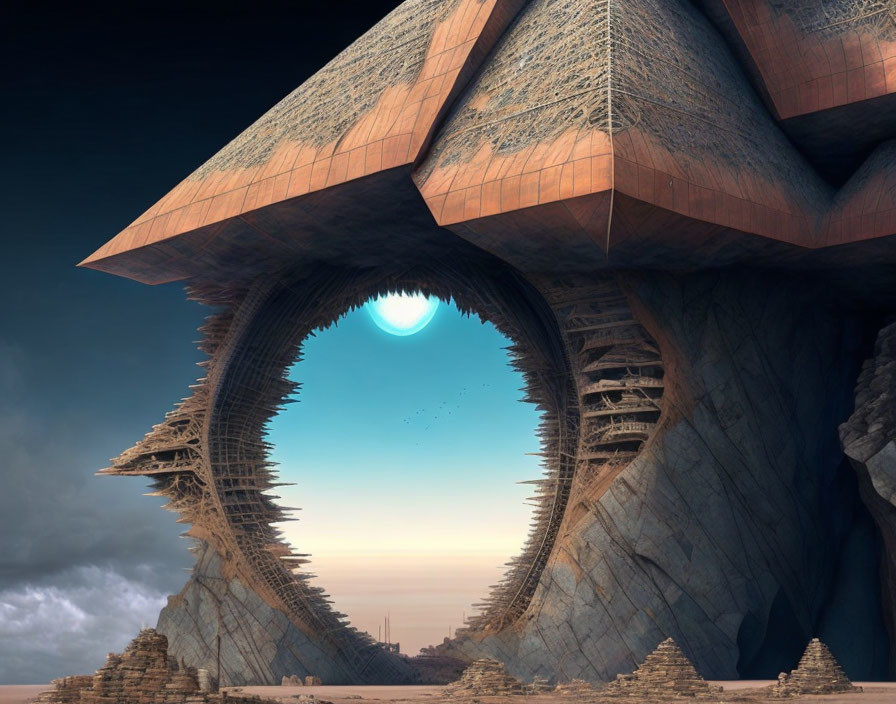 Futuristic arch-like structure in desert with distant city view