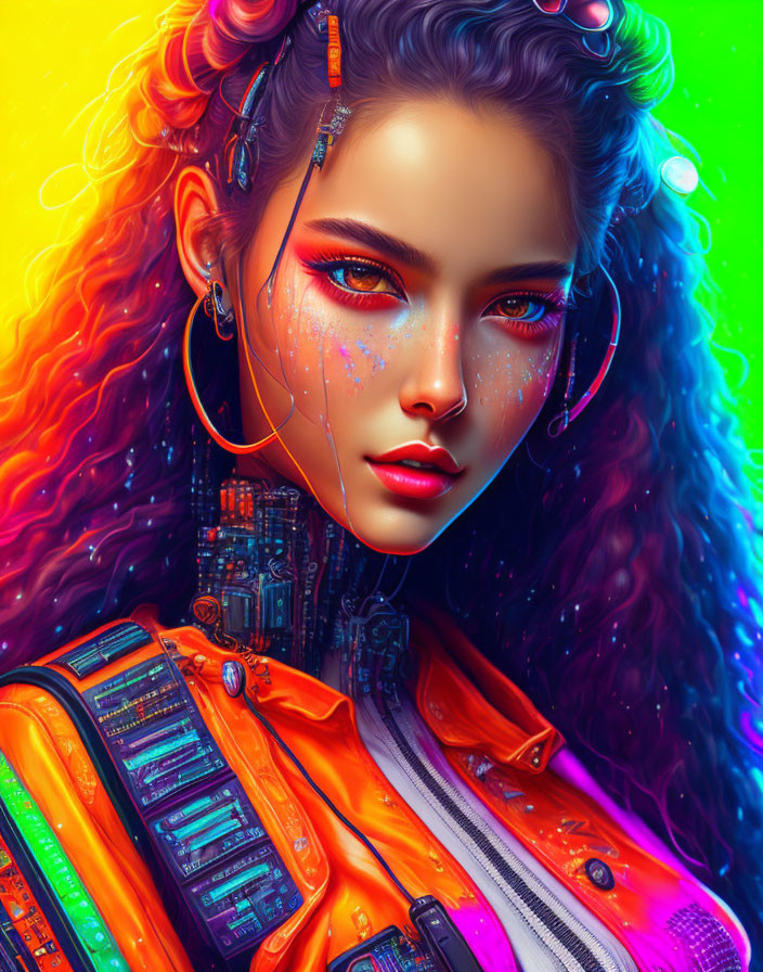 Futuristic woman portrait with curly hair, cybernetic earpiece, neon makeup, and orange