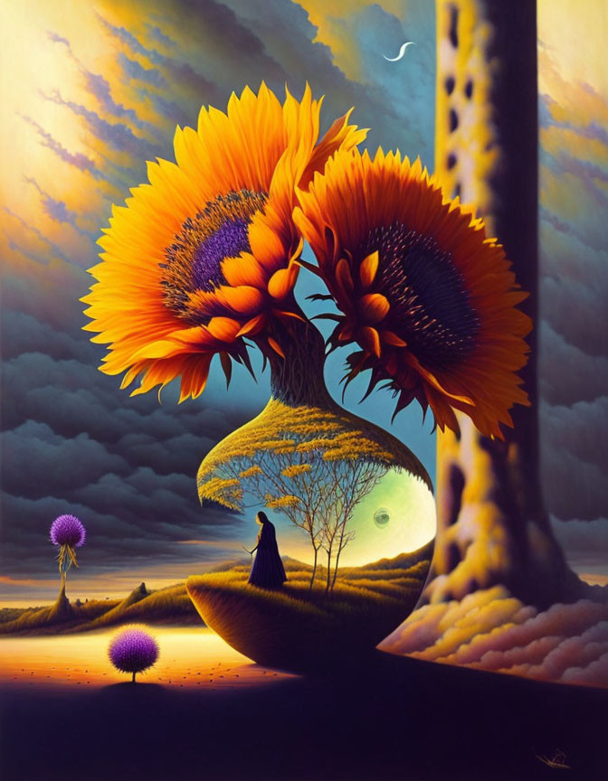 Surreal painting of sunflower-headed figures in vibrant landscape