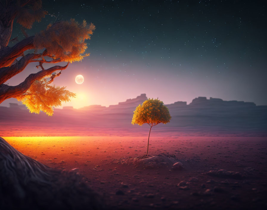 Lonely tree in desert landscape under starry sky with glowing horizon.