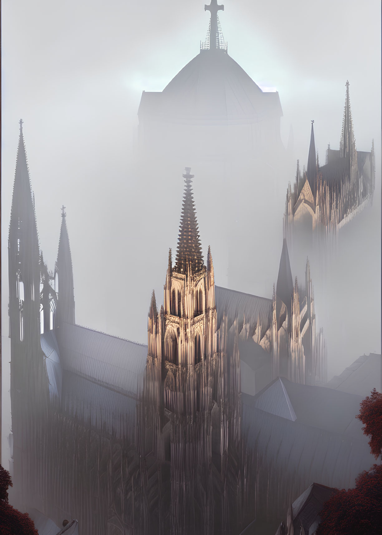 Misty backdrop with Gothic cathedral spires and sun rays in foggy scene