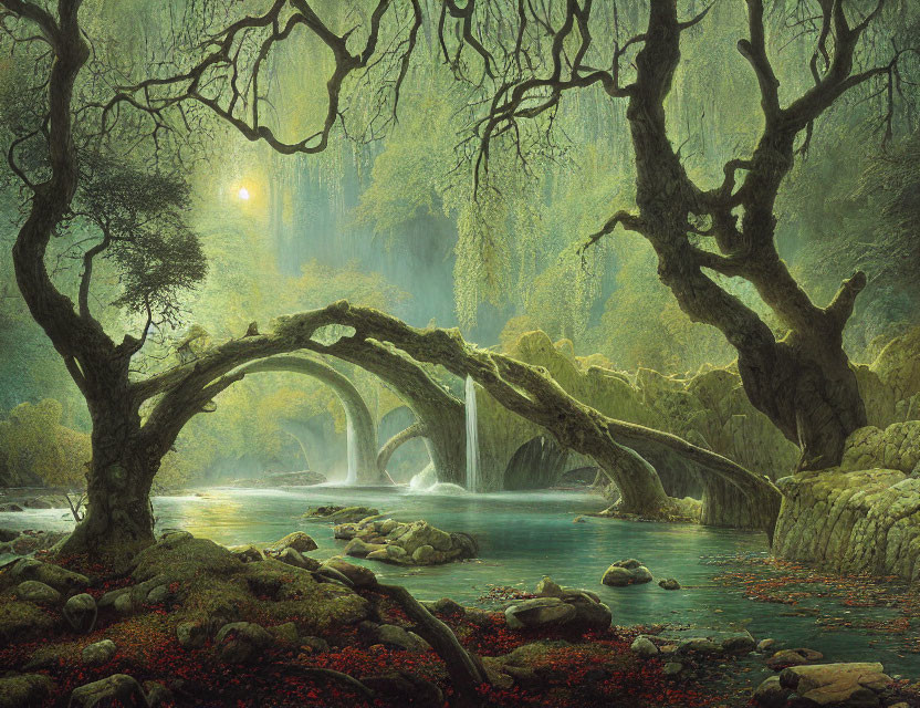 Tranquil forest scene with stone bridge, moss-covered trees, river, and waterfalls