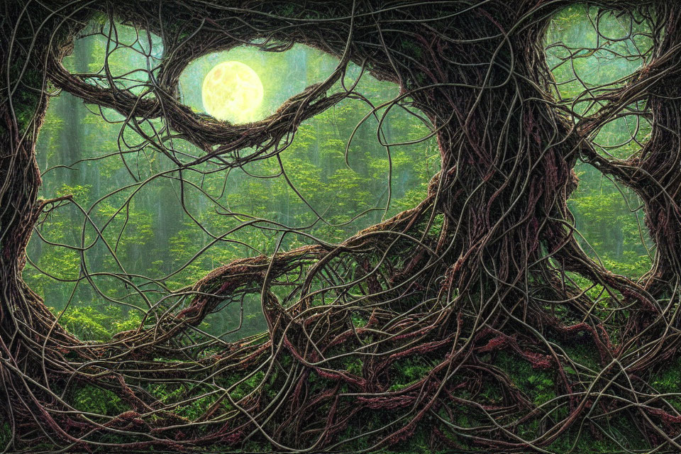 Twisting tree roots and branches in misty forest with glowing moon