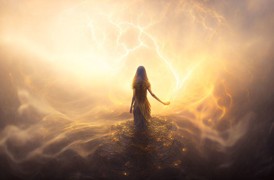 Figure in golden lights and mist facing radiant center with lightning bolts.