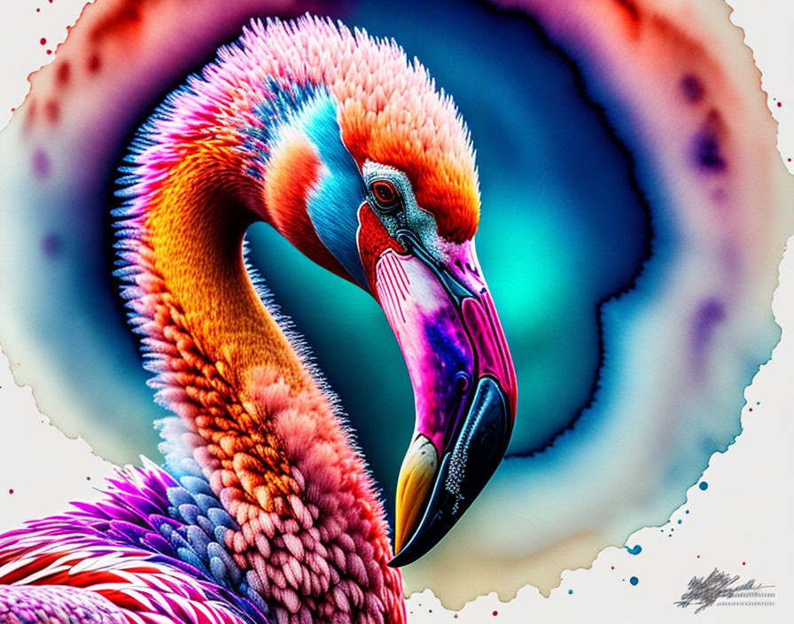 Colorful Flamingo Digital Art with Psychedelic Background