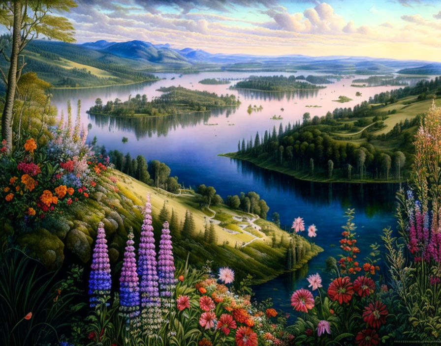 Tranquil landscape painting of serene lake, lush hills, vibrant flowers, clear sky