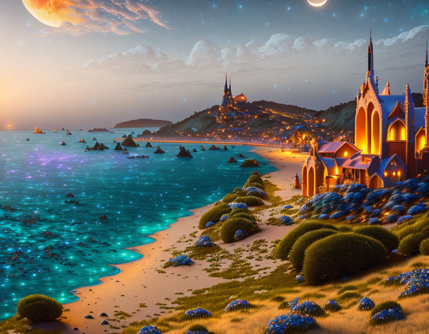 Luminous beach with vibrant flora, castles, moonlit sky, and large planet