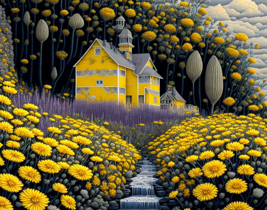 Yellow house in field of flowers under starry sky