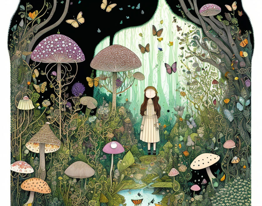 Illustration of girl in hat with mushrooms and butterflies in magical forest