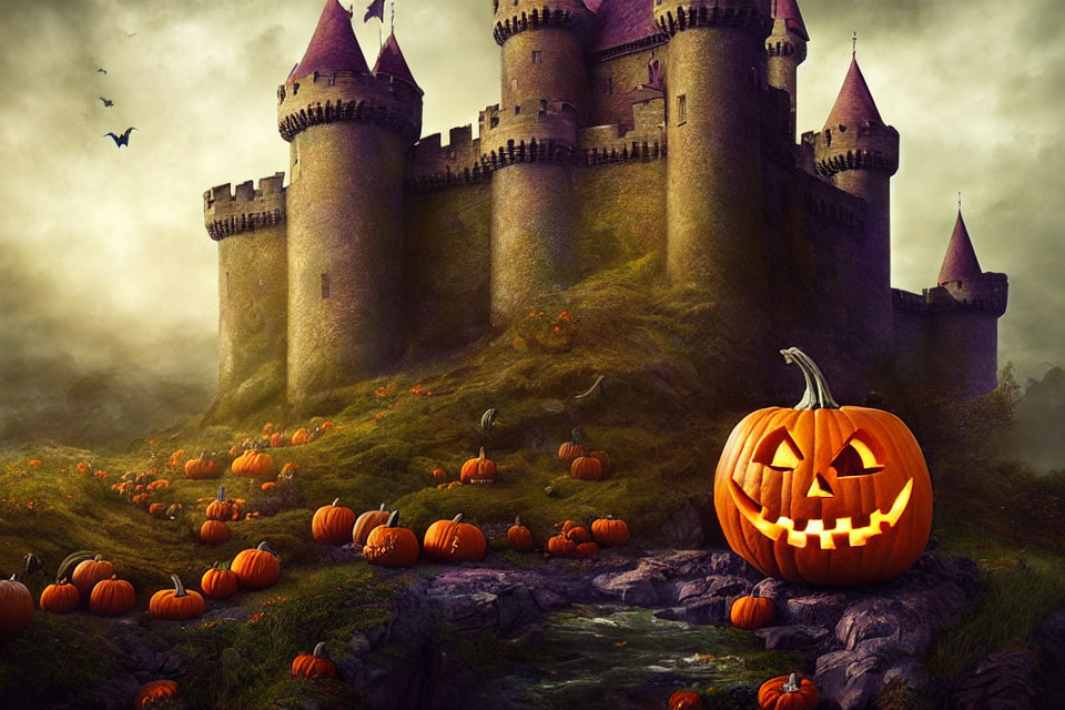 Mystical castle on hill with pumpkins and jack-o'-lantern