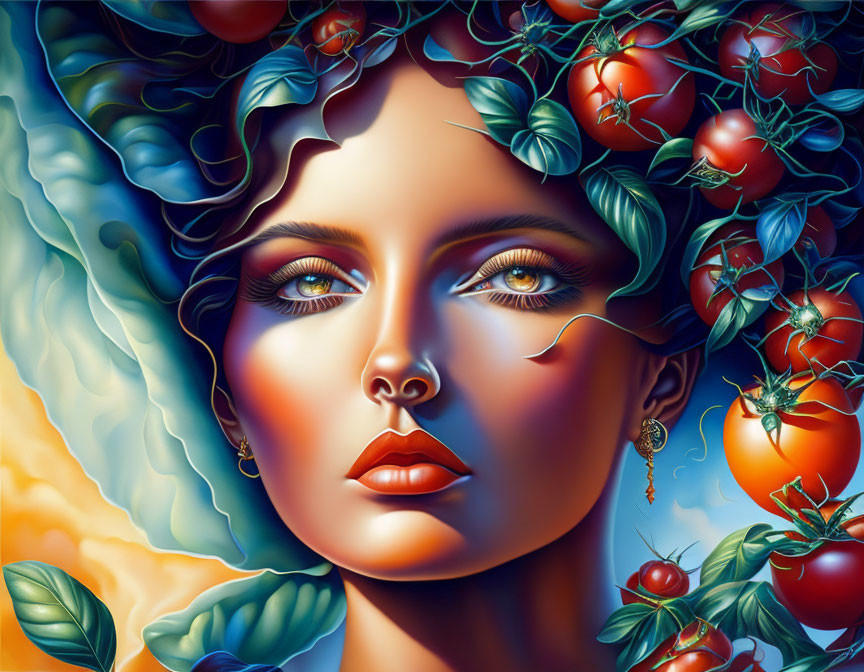 Surreal portrait of woman with tomato vines in glowing hair