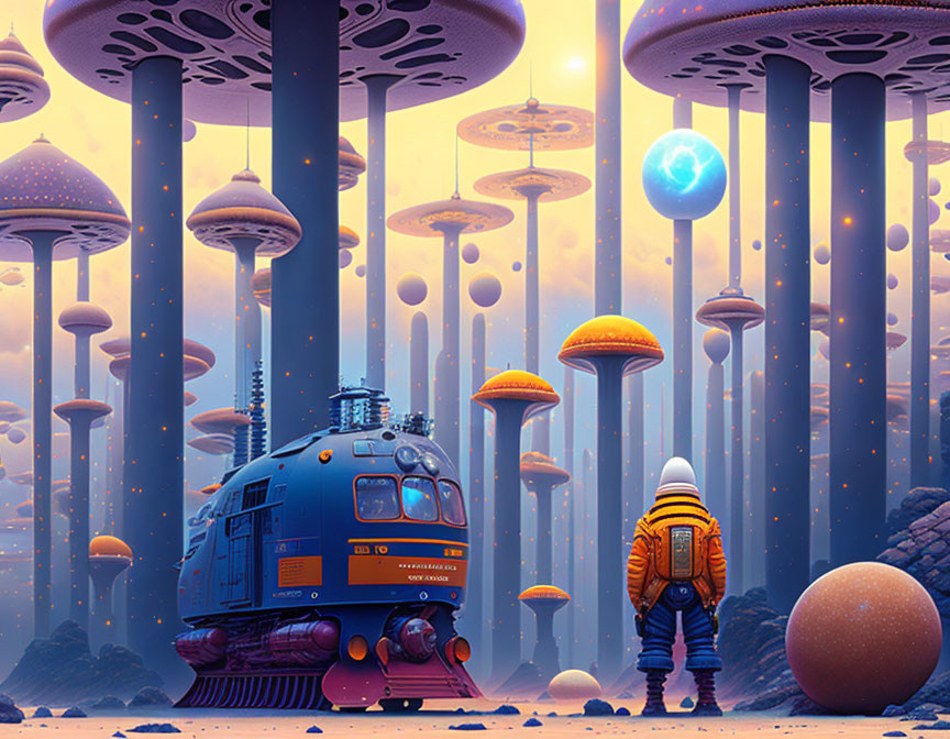 Astronaut viewing mushroom-like structures on alien planet with futuristic train and purple sky.