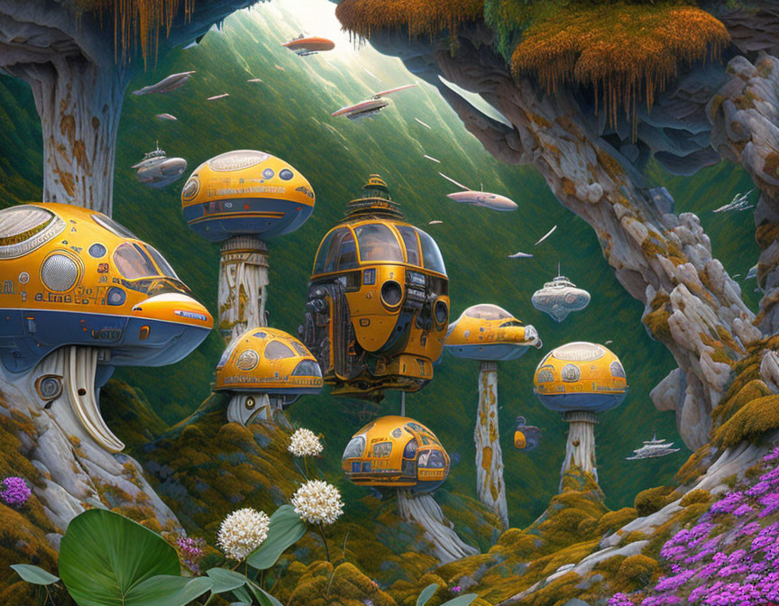 Fantastical landscape with mushroom houses, flying ships, and waterfalls