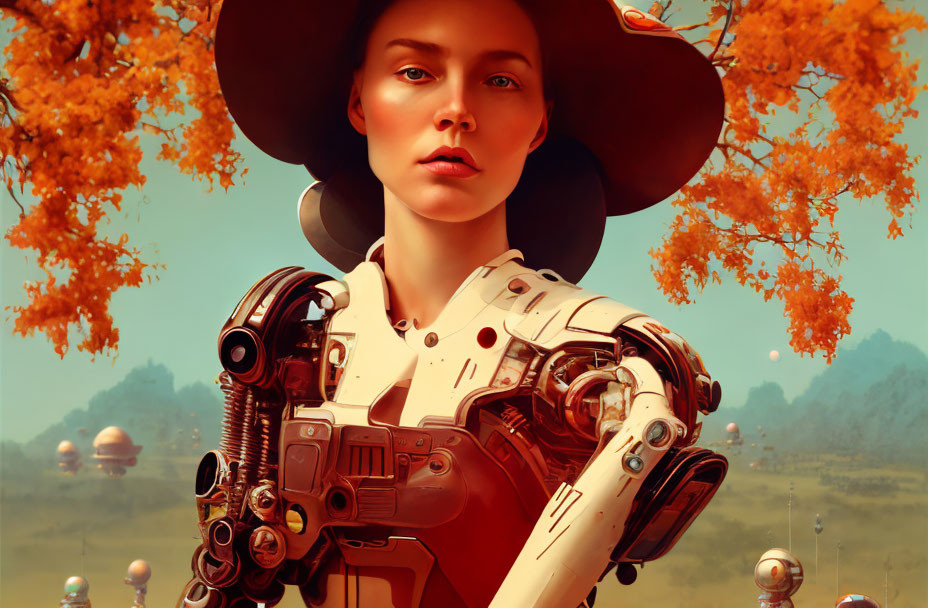 Female Android in Wide-Brimmed Hat Amid Autumnal Landscape