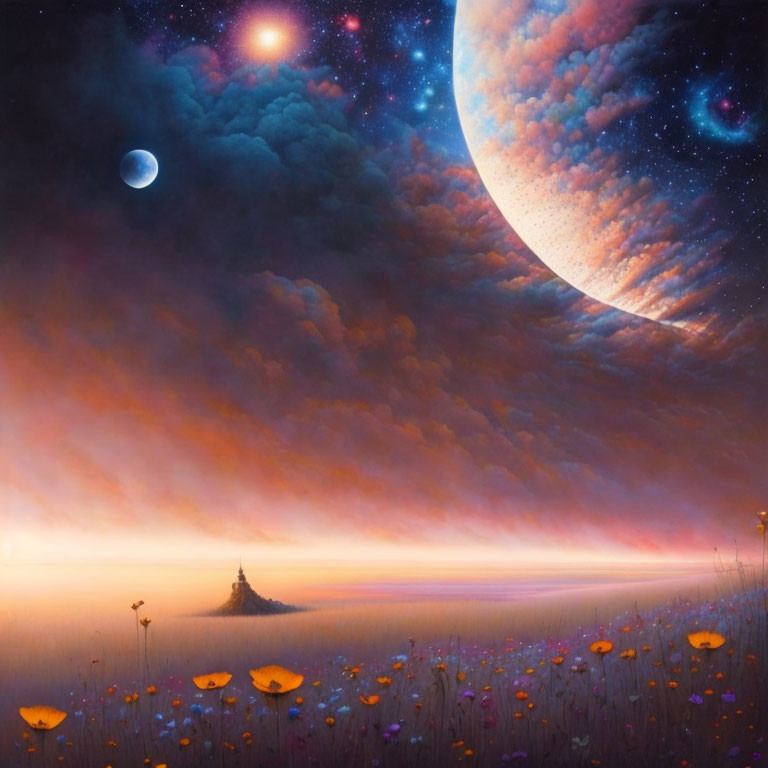 Surreal landscape with large moon, colorful nebulae, castle, and vibrant flowers