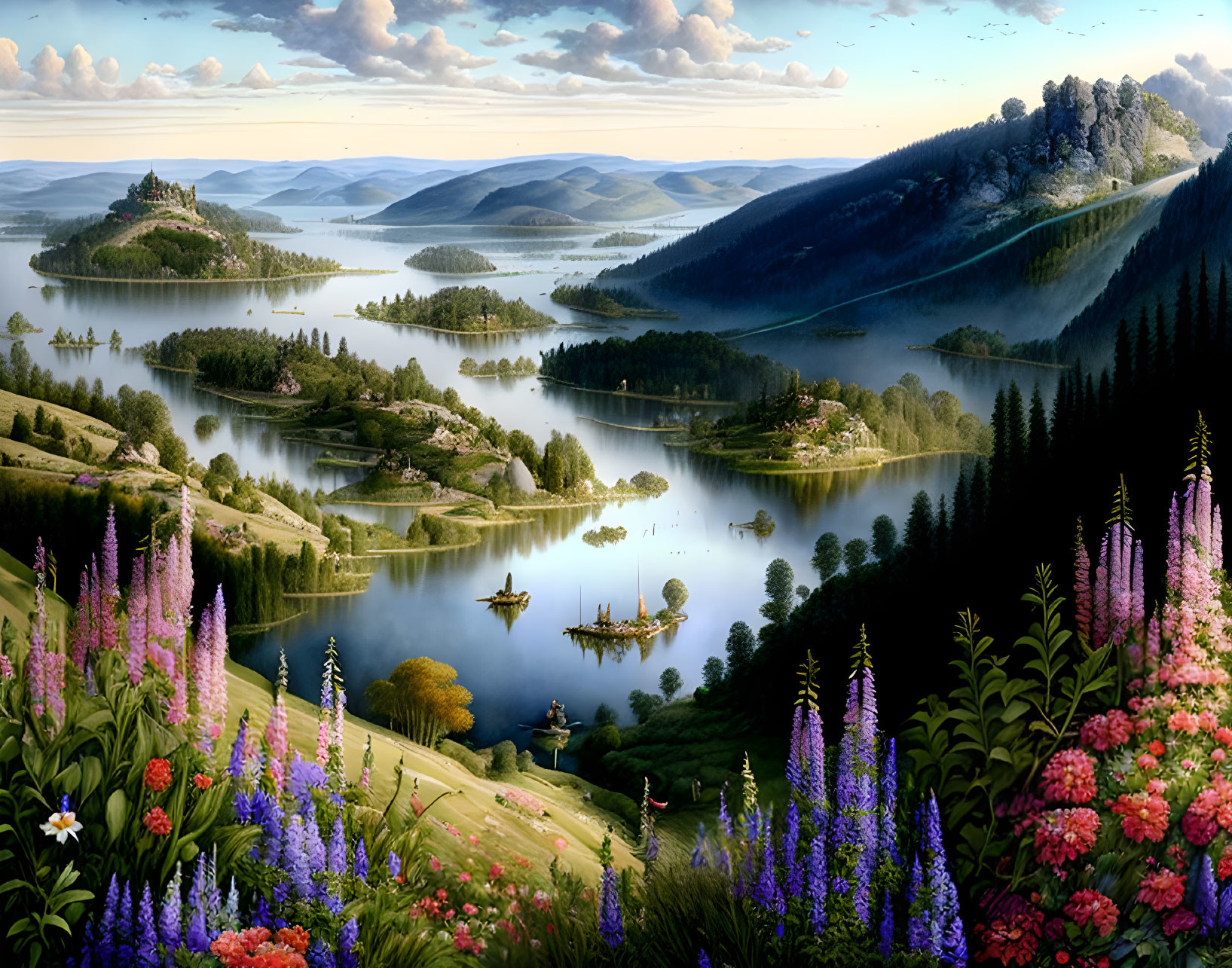 Tranquil landscape with lake, islands, hills, flowers & castle