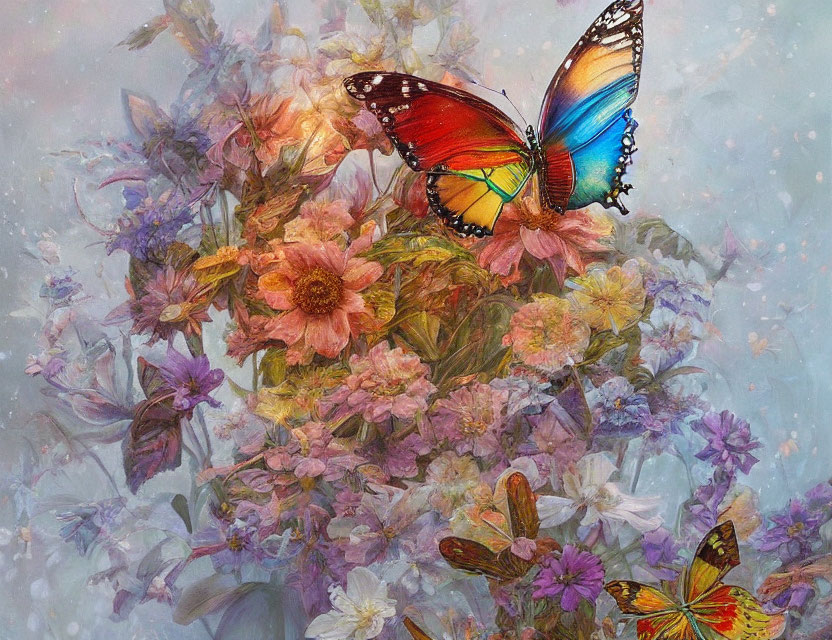 Colorful Butterfly on Soft-Hued Flower Bouquet and Dreamy Background