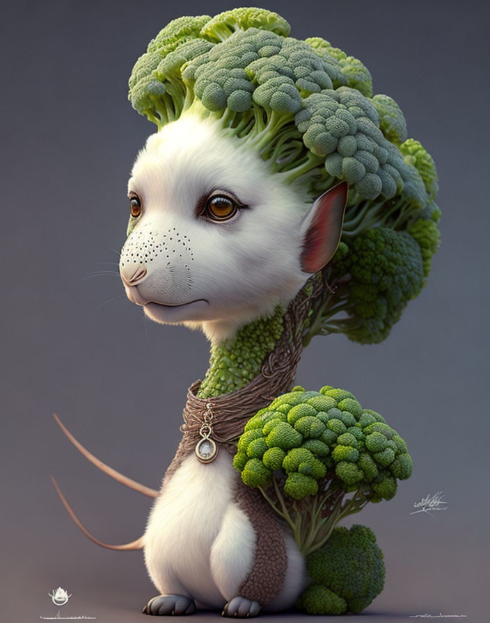 Unique creature with mouse-like body, broccoli crown, and green mane wearing pendant