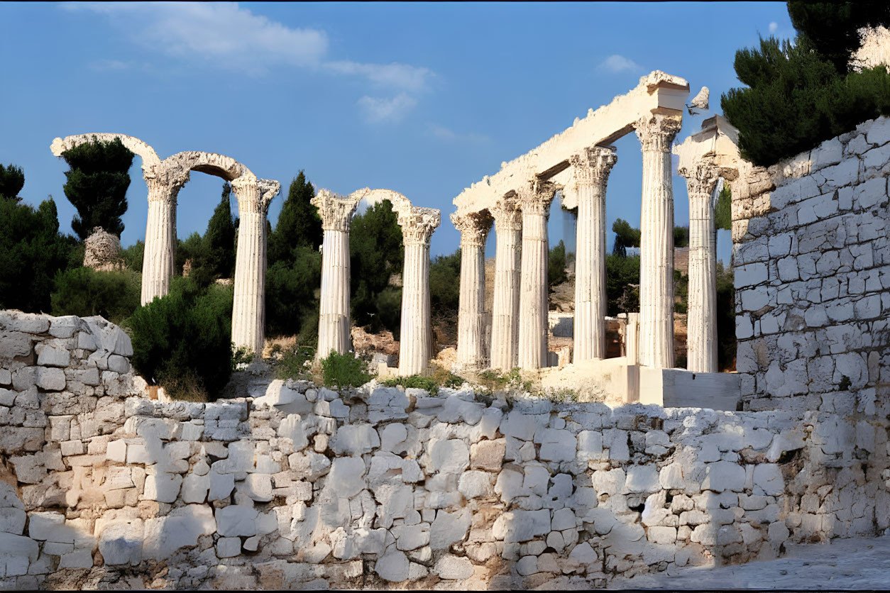 Standing columns of ancient ruins under clear sky