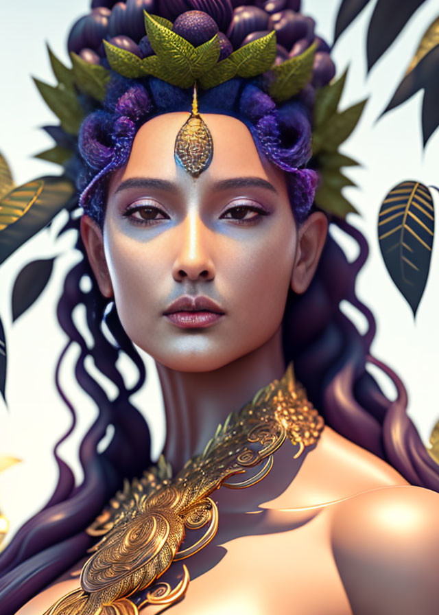 Stylized portrait of woman with leaf crown and purple flowers