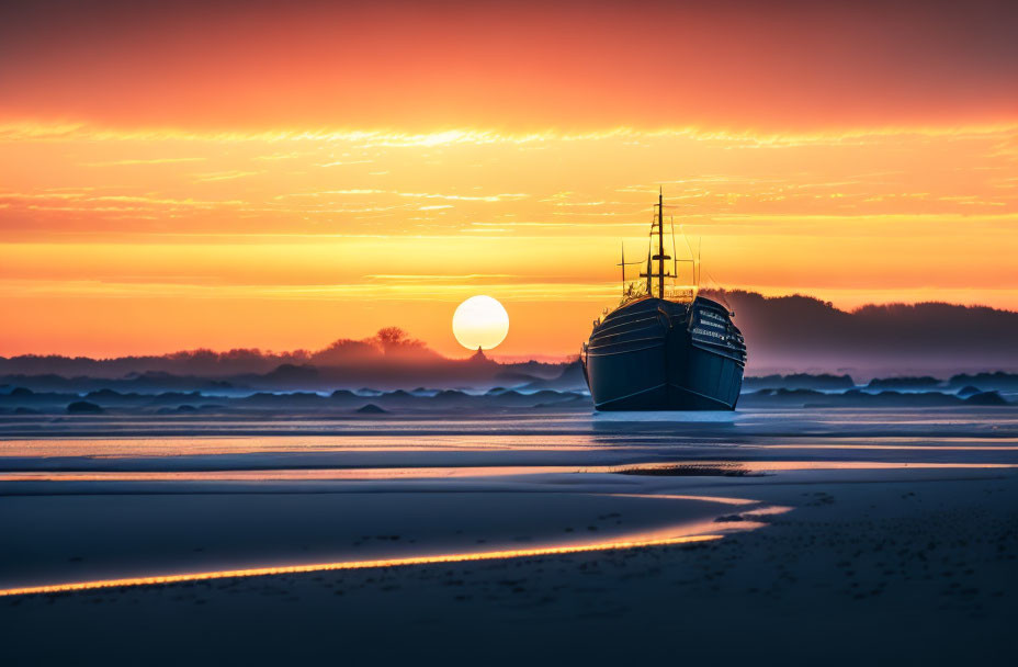 Ship grounded on sandy beach at sunset with orange glow and waves.