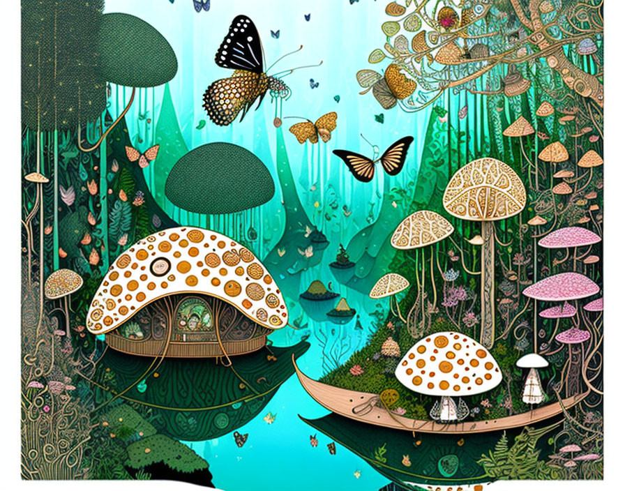 Colorful Mushroom and Plant Landscape with Floating Islands and Butterflies