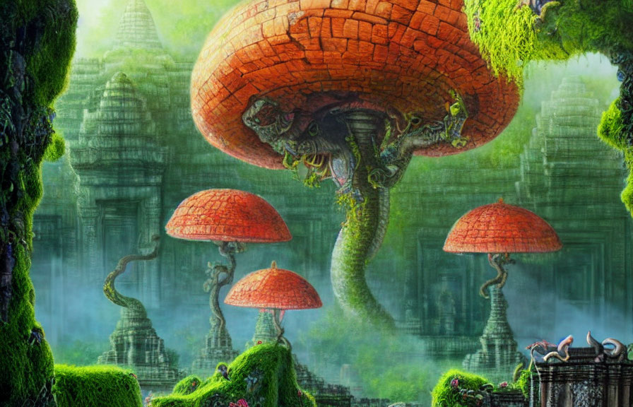 Fantastical landscape with oversized mushrooms, ancient ruins, lush greenery, mist, and creatures.