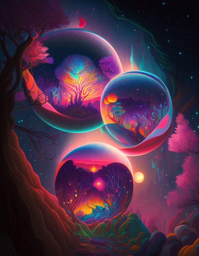 Neon-colored tree landscapes on floating spheres under starry sky