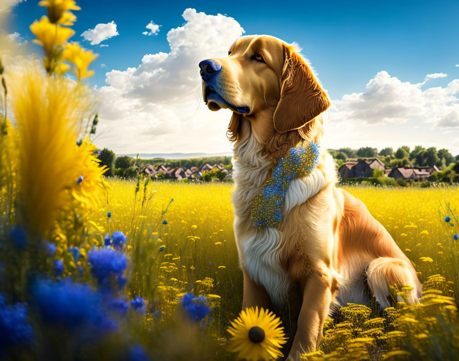 Golden retriever in vibrant wildflower field with blue floral neck decoration