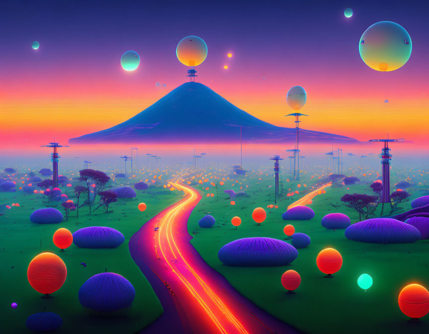 Futuristic landscape with glowing orbs, mountain, and colorful flora