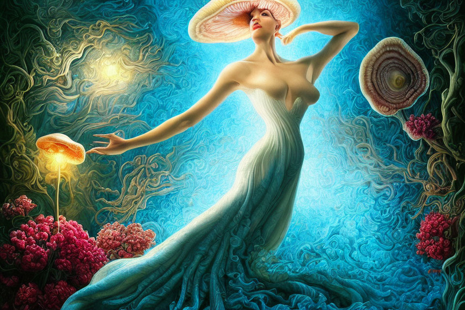 Ethereal woman in white gown with mushroom hat in undersea scene