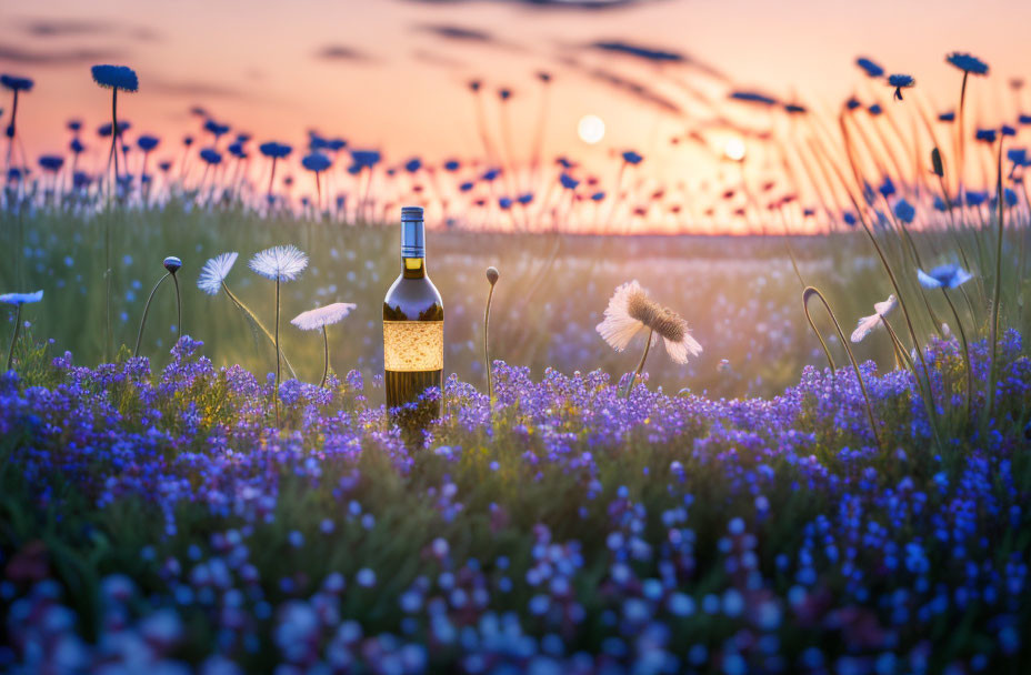 Sunset wine bottle in blooming meadow with purple flowers