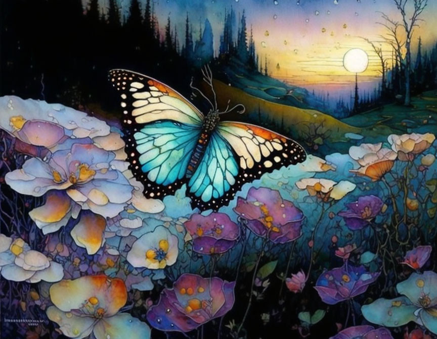 Colorful Butterfly on Purple Flowers with Forest Silhouette and Sunset