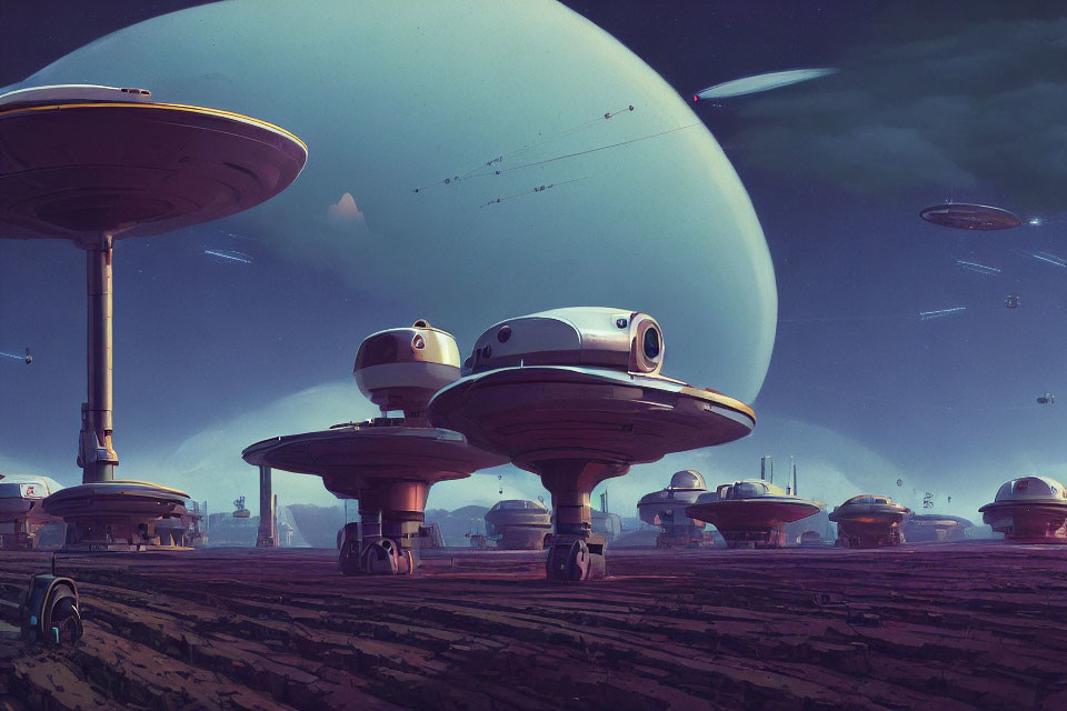 Futuristic cityscape with disc-shaped buildings under a large planet, advanced vehicles, and spacecraft in