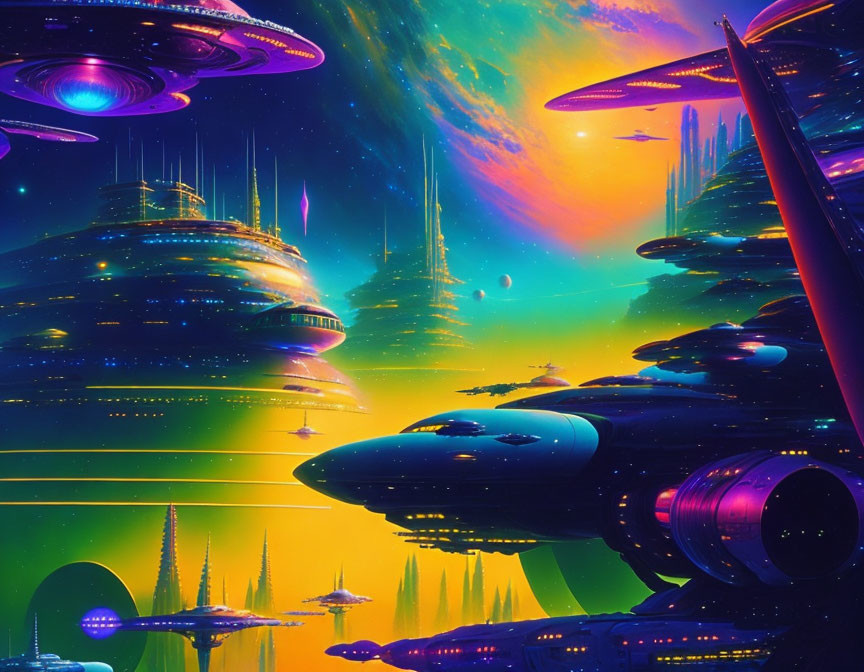 Futuristic cityscape with flying spacecraft and colorful sky