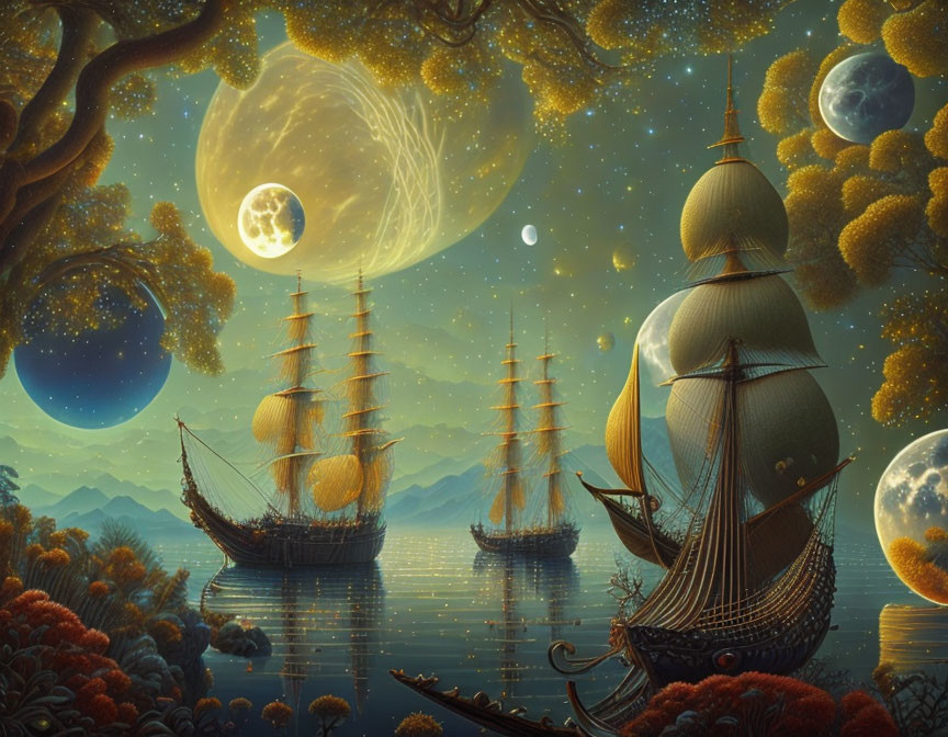 Fantasy landscape with sailing ships, multiple moons, planets, and glowing yellow trees