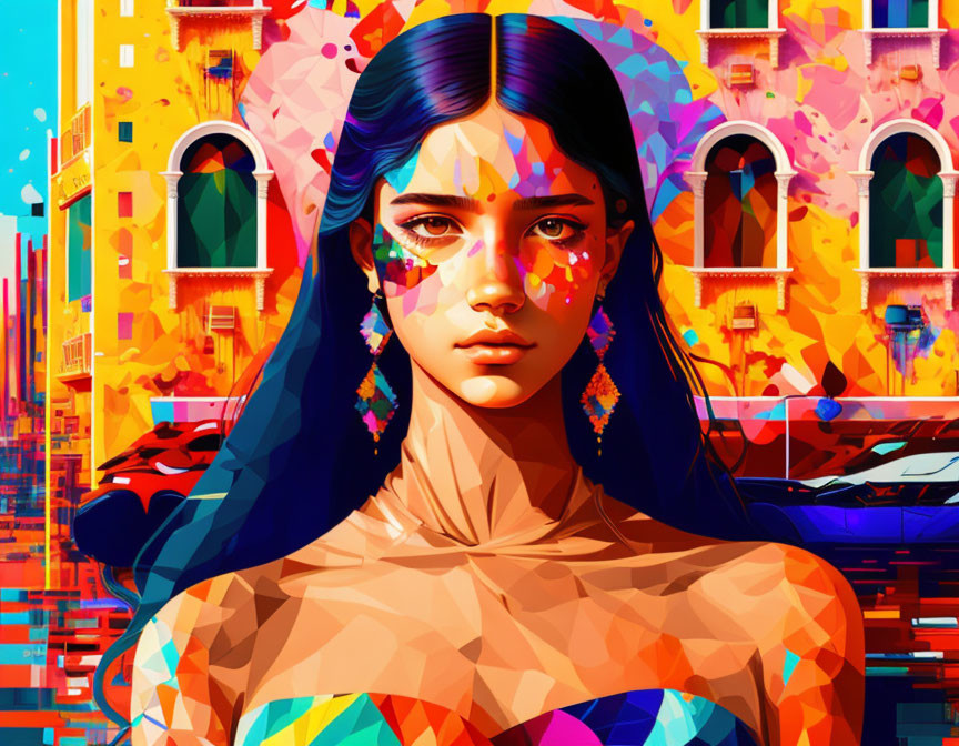 Vibrant digital portrait: Woman with blue hair, geometric patterns, abstract cityscape.