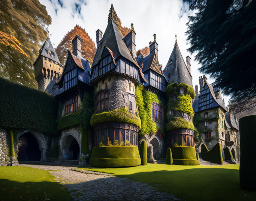 Majestic castle with ivy-covered roofs amid lush trees