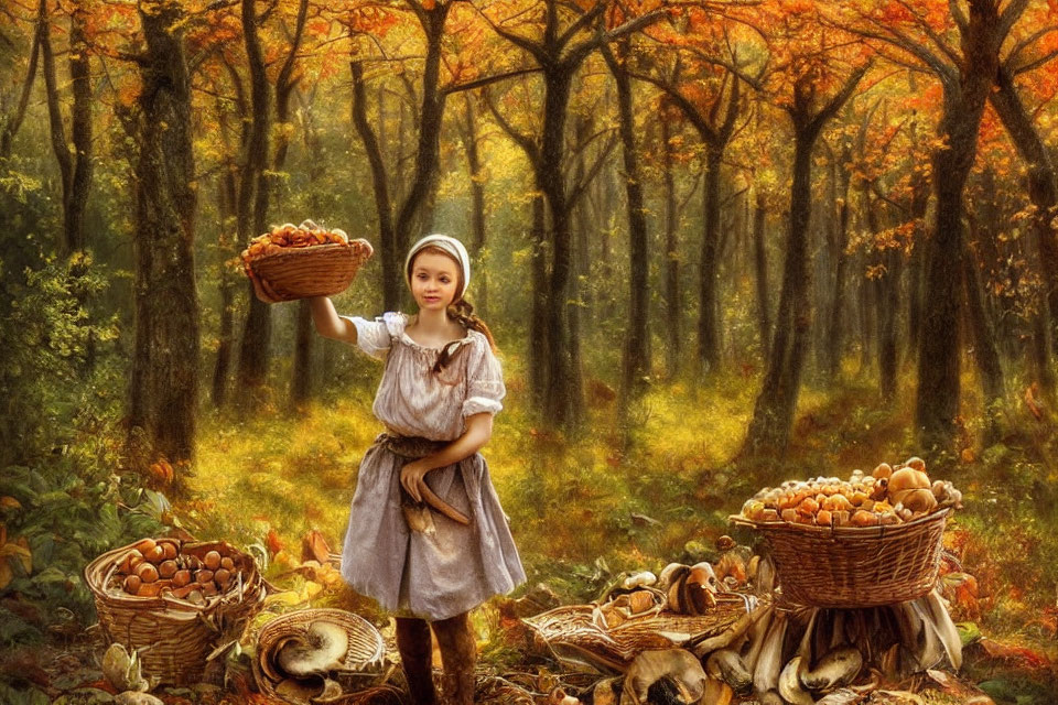 Girl in Vintage Clothes Holding Basket of Mushrooms in Vibrant Autumn Forest