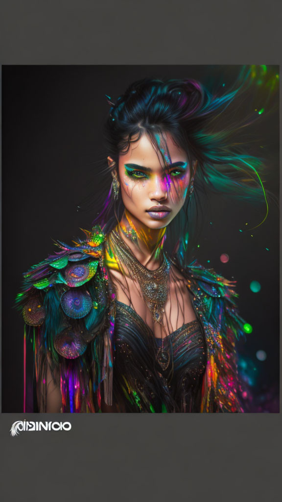 Colorful woman portrait with multicolored hair, peacock feather accessories, and vivid makeup on black