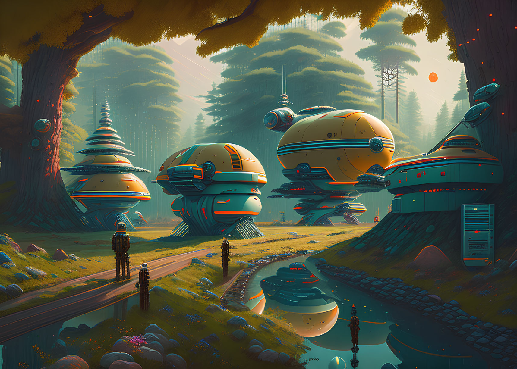 Futuristic alien landscape with spherical buildings, lake, and lone figure