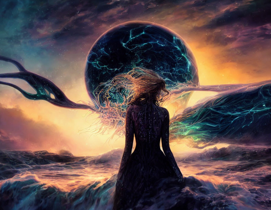 Woman facing large celestial orb in dramatic seascape with vivid sunset