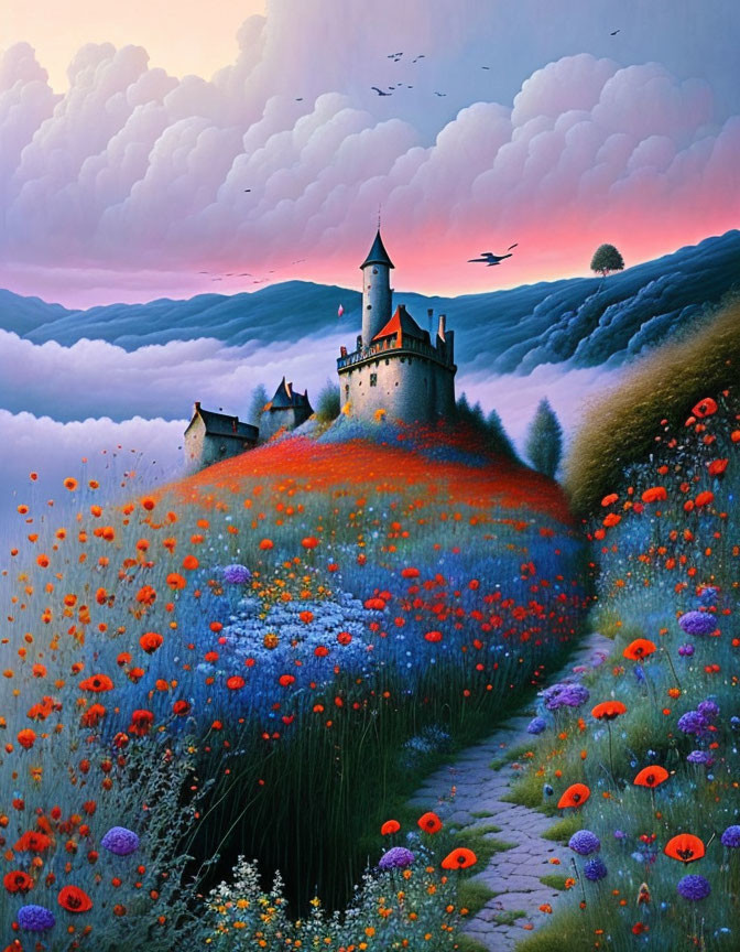 Castle painting with wildflowers on hill under dramatic sky